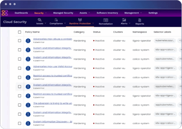 The interface showcases key cloud security features, enabling robust protection.