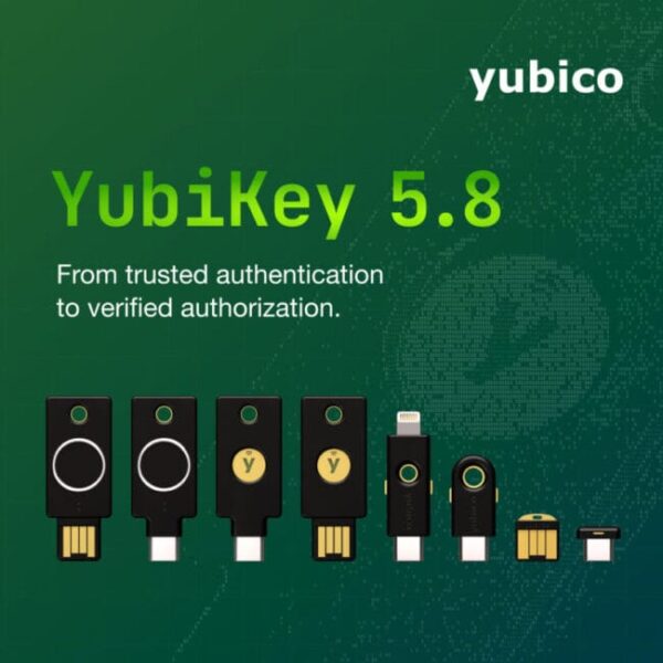 Yubico YubiKey 5.8 hardware security key lineup showing multiple form factors on a green background
